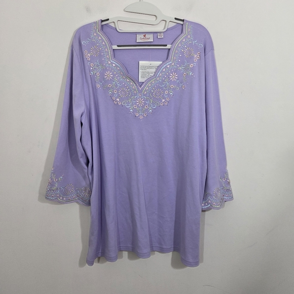 NWT Quacker Factory Top Purple Lacey Scallop Embroidery Crystal A23119 Size XL - Picture 2 of 9